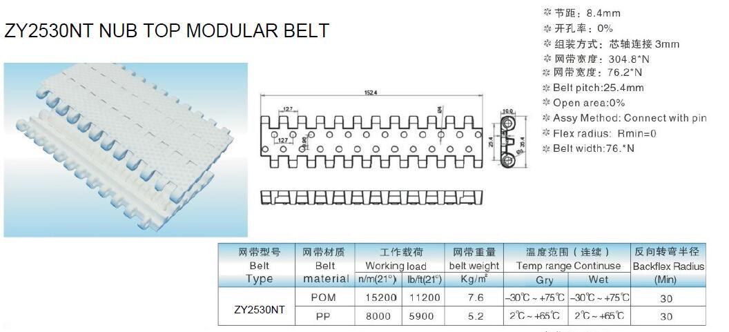 ZY2530NT NUB TOP CONVEYOR MODULAR BELTS PLASTIC CONVEYOR SLAT TOP BELTINGS