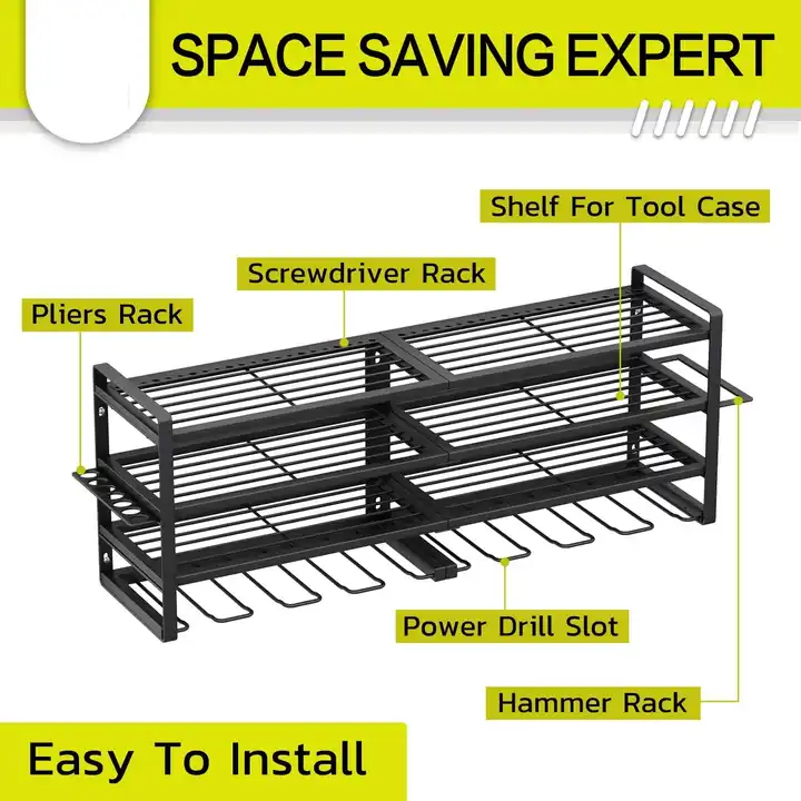 Adjustable Wall Track 4 Layer 8 Drill Holder Power Tool Organizer for Garage Workshop
