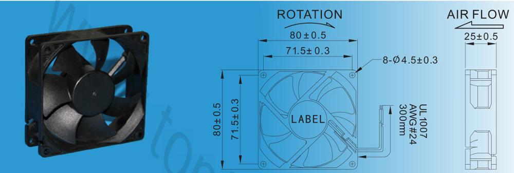 80mmX80mmX25mm dc air cooler axial fan 12V ball bearing with CE ROHS and UL