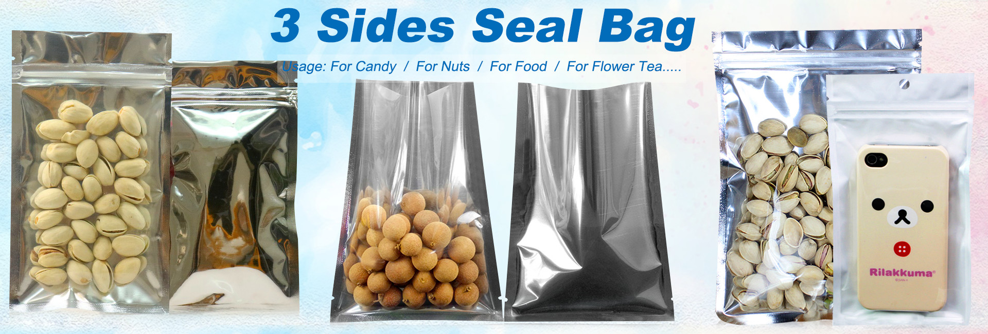 Custom Printed 3 Sides Heat Sealed Plastic Bag Pouch, Food Vacuum Storage Packing 3 Side Seal Bag