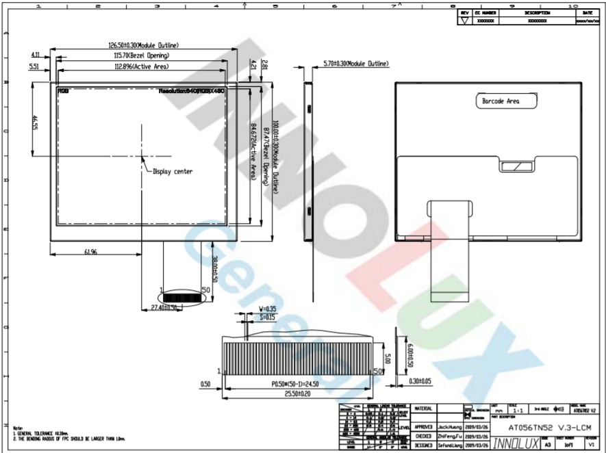 Anti Glare TFT LCD Module Innolux 5.6" AT056TN52V.3 640X480 Dots