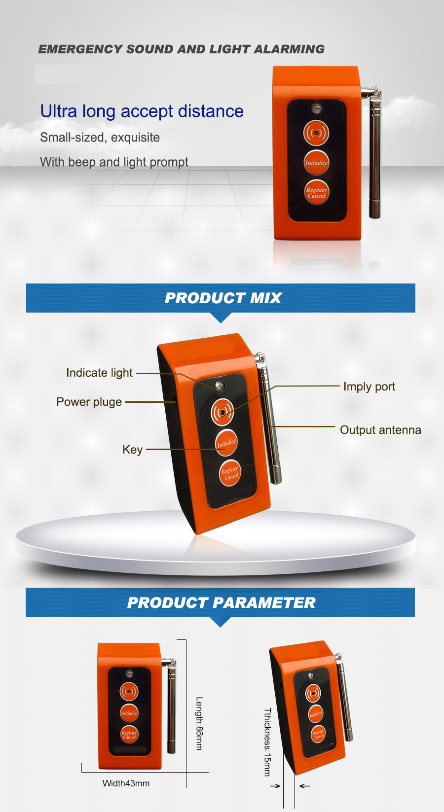 factory security system light and sound warning signal receiver with long range call button