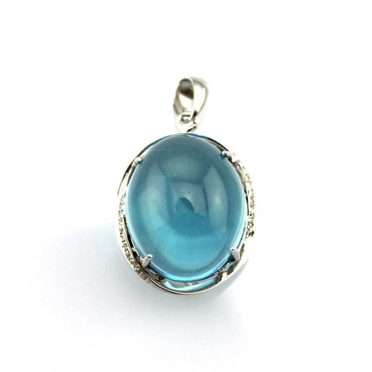 Women Fashion Oval Dome Blue Topaz Cubic Zircon Pendant 925 Silver Chain Necklace (PSJ0187)