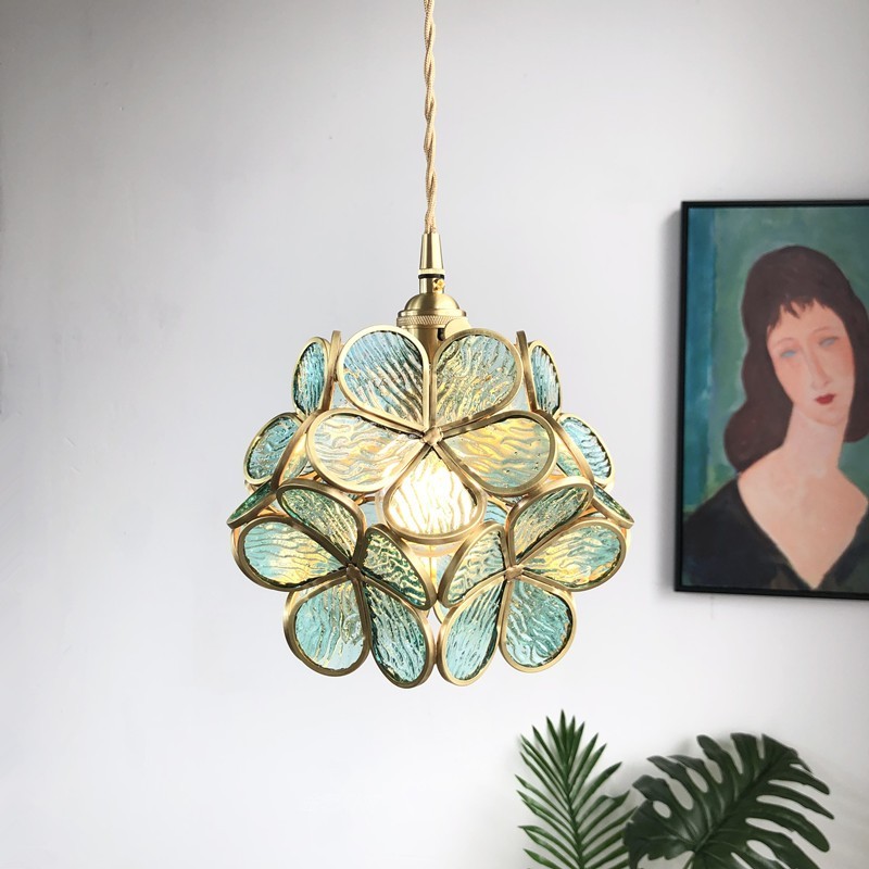 Indoor Decoration Glass Pendant Light Pink Blue Clear Flower Shape