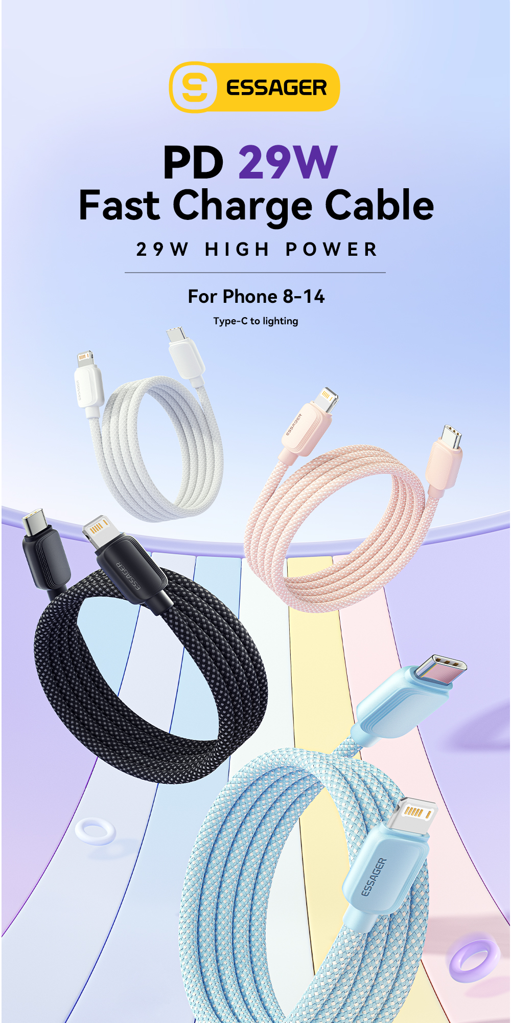 ESSAGER C-L PD 29W IP 12 13 15 USB C Cable Fast Charging ES-X46 Series