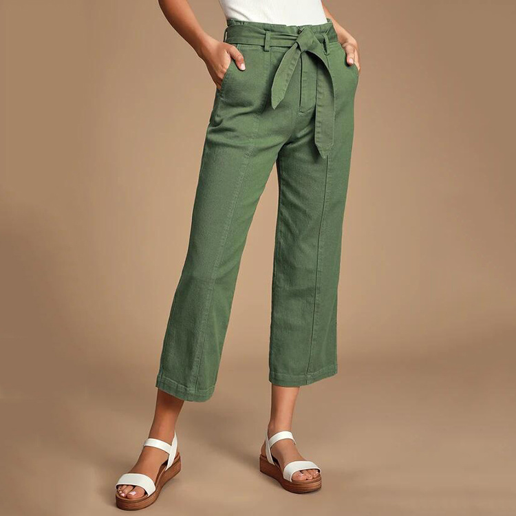 OEM Custom Fashion Green Women Tie Waist Women Cargo Pants with Utility Pockets