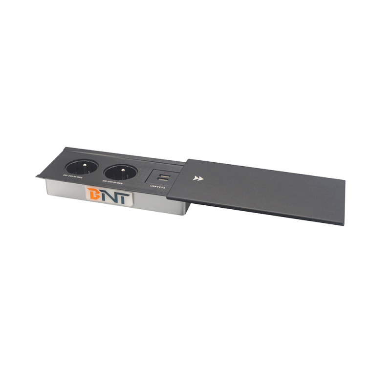 Brushed Aluminum Box FR Power Sliding Cover Tabletop Power Data Outlets
