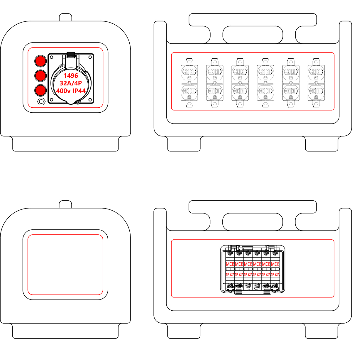 Syntax MS7 Three Phase 32A HDPE Portable Distribution Box IP67 With 6 Nos Nema Dual Sockets With Earthing Stud 395x260x275mm