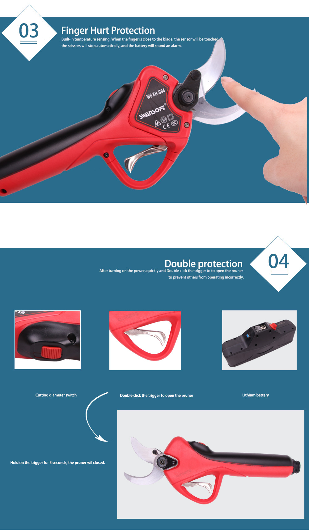 Swansoft 4.0CM Tesouras de Poda Elétricas Tesouras para Poda com Display LED Proteção dos Dedos / Corte Progressivo