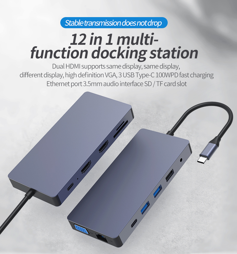 Type-c hub 12 in 1 5gbps usb hub 3.0 tf sd card reader 4k@30hz vga hdtv converter ethernet rj45 connector 100w pd for ma