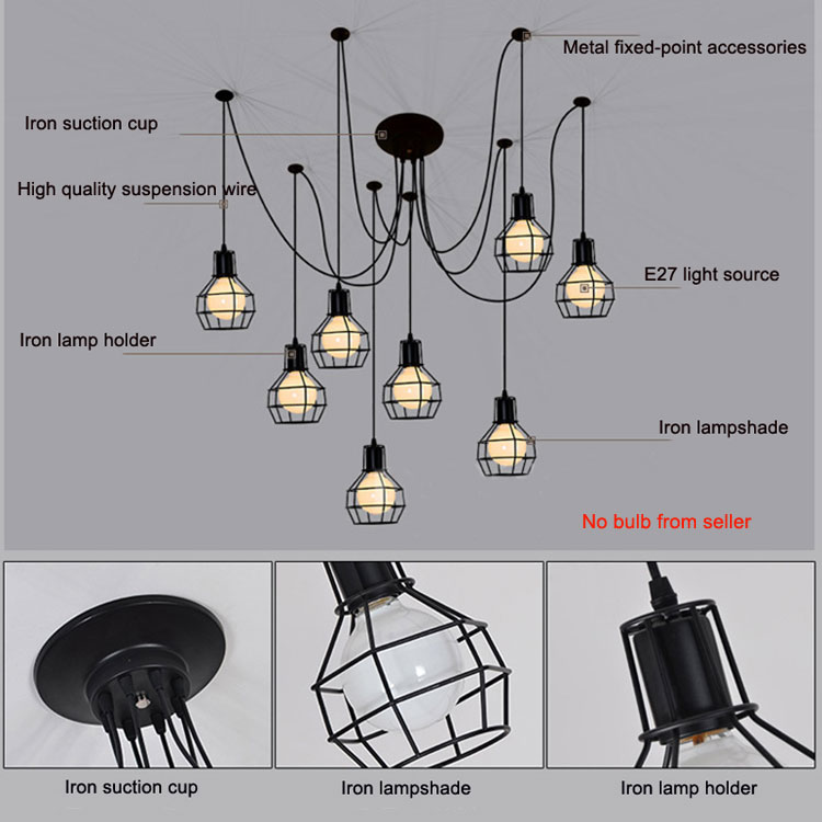 Retro Loft Industrial Chandelier Adjustable E27 Multi Head Lamps Restaurant metal lamp(WH-VP-225）