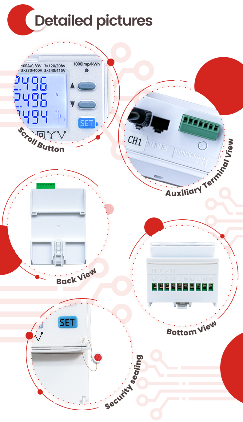 3x110/190 ... 3x240/415 Three Phase Energy Meter with Rogowski Coil EM4371 0.33V Modbus