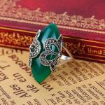 925 Vintage Sterling Silver Marcasite Ring with Green Onyx (R111704)