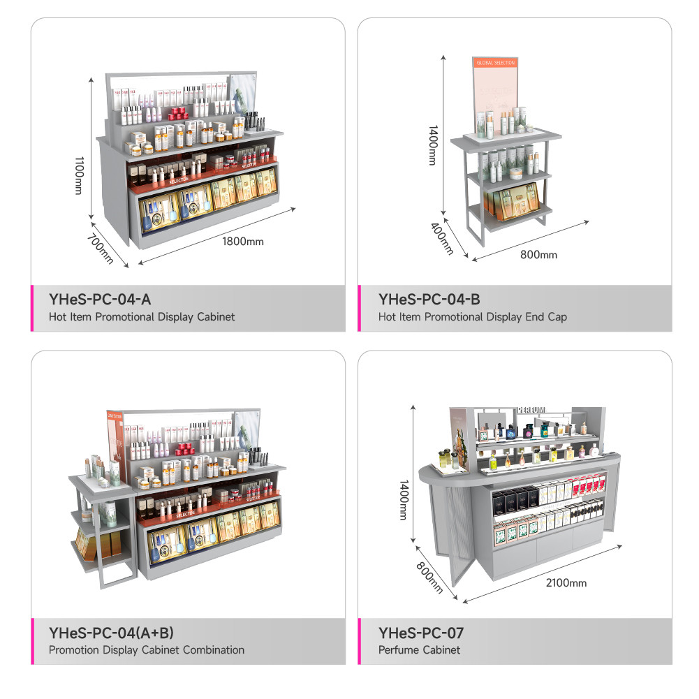 Gray Iron & Wooden Beauty Store Display Cabinet With Light-box For Skincare Shop Design And Retail Store Decoration