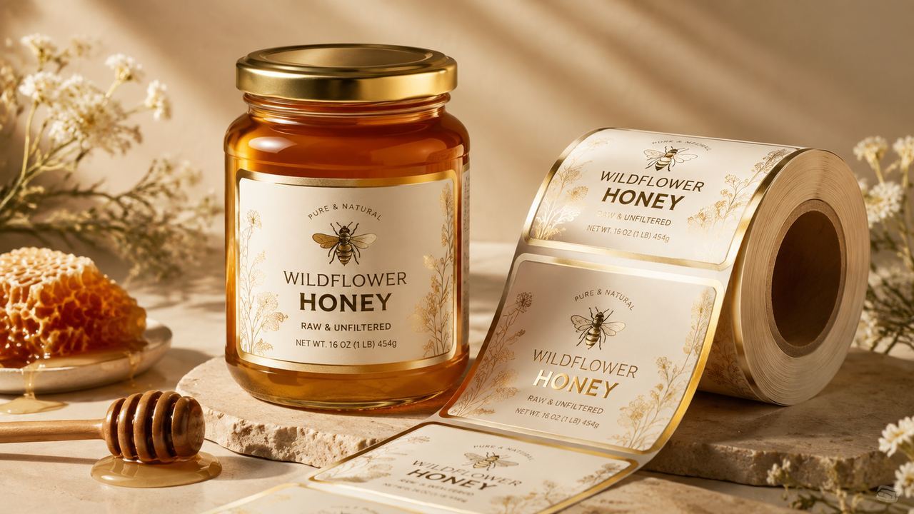Custom Printed Silver Paper Gold Foil Logo Label Honey Bee Label Waterproof Adhesive Food Sauce Jar Bottle Label Sticker