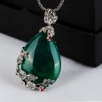 Vintage Jewelry 925 Silver Marcasite Drop Green Agate Pendant Necklace 18 Inches