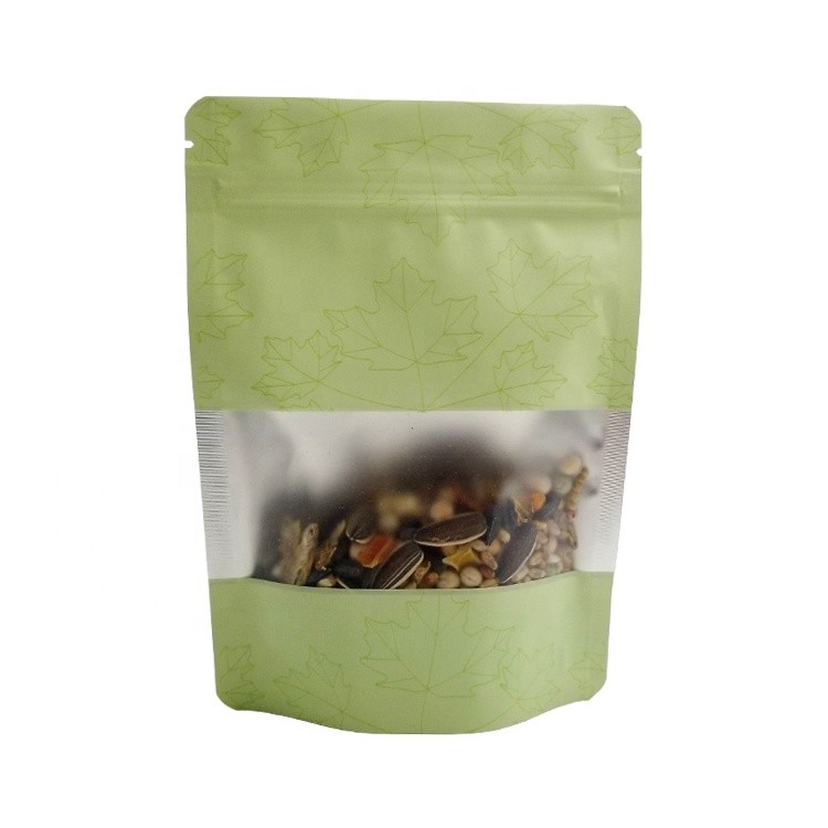 Food Packaging Maple Leaf Pattern Printed Zipper Bag Kraft Paper Aluminum Foil Inside Stand Up Colorful Window Pouch