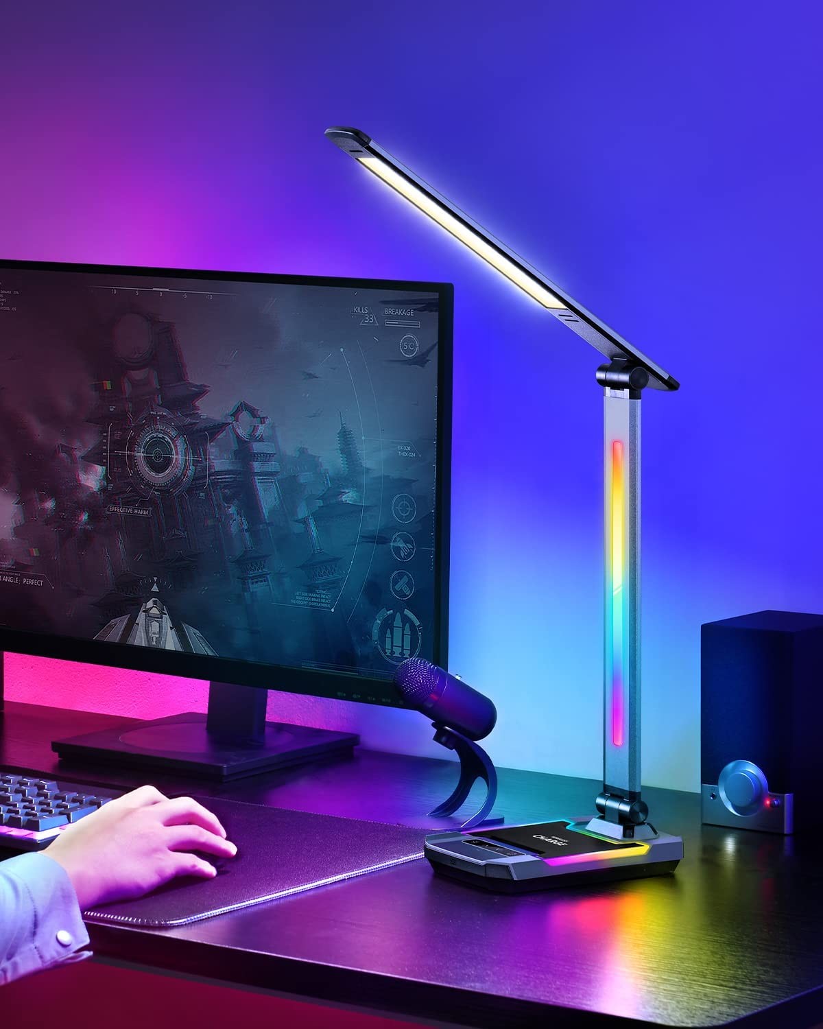 LED RGB Gaming Desk Lamp, Voice Activated Changing Colors Rhythm Light with Wireless Charger and USB Charging Port