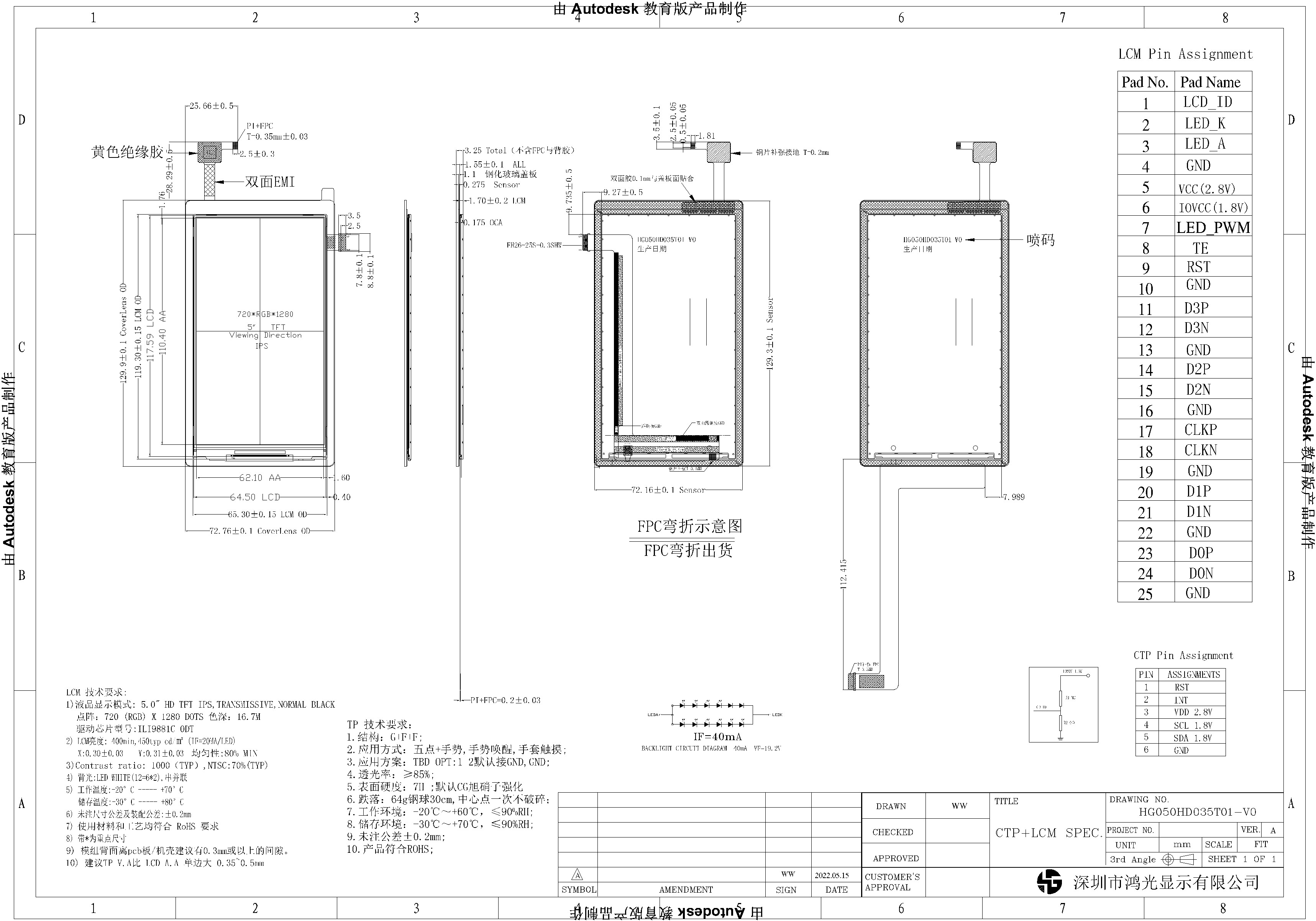 720x1280 Monitor LCD Touch Screen 5 Inch MIPI Interface