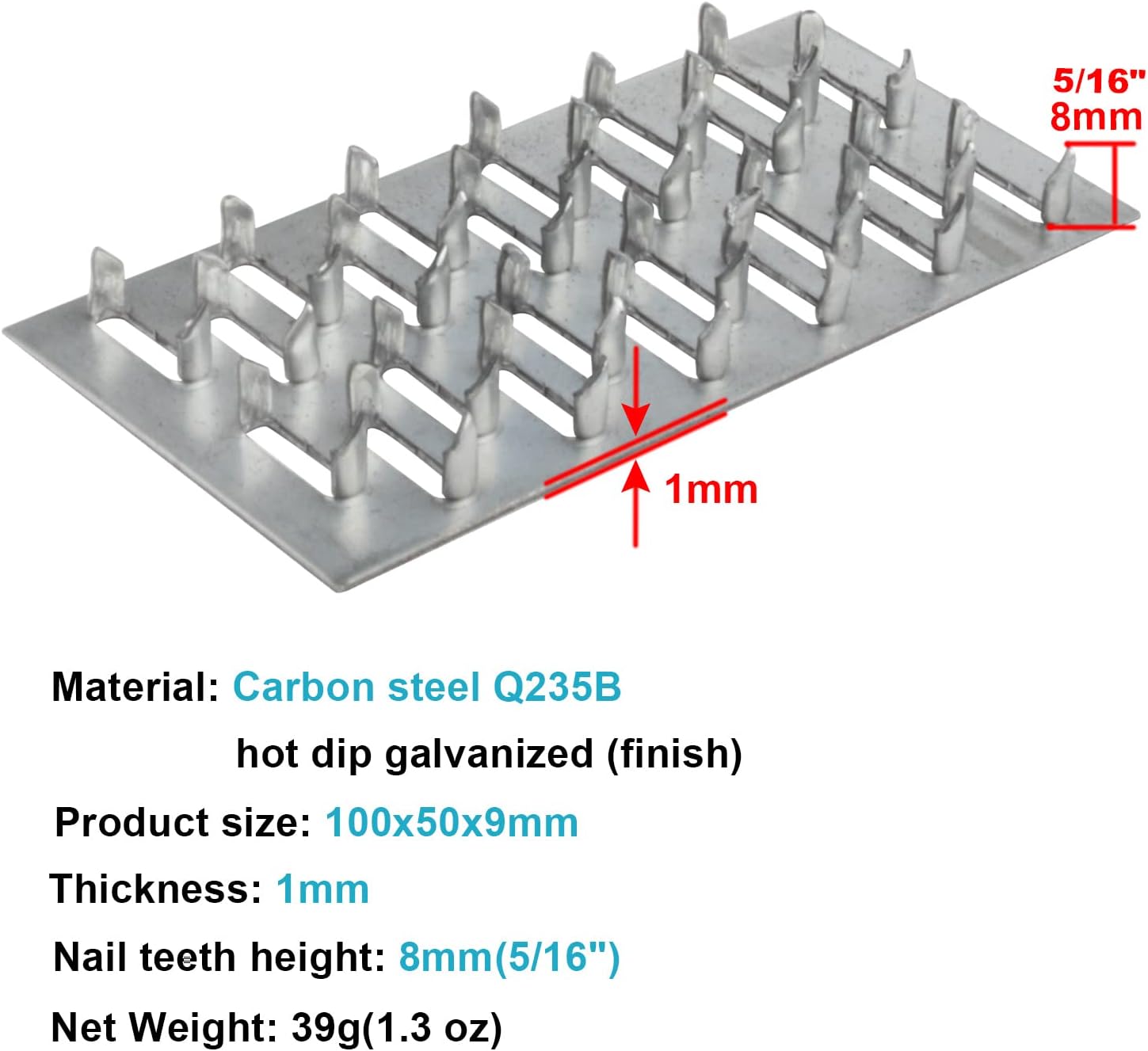 4" * 2" Pronged Truss Flat Mending Repair Tie Plate Galvanized steel Height 8mm thick 1mm for Roofing Trusses Timber Connectors