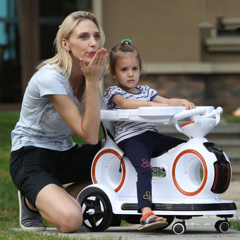 Children's Ride On Electric Car with Retractable Push Handle and Colorful Lights