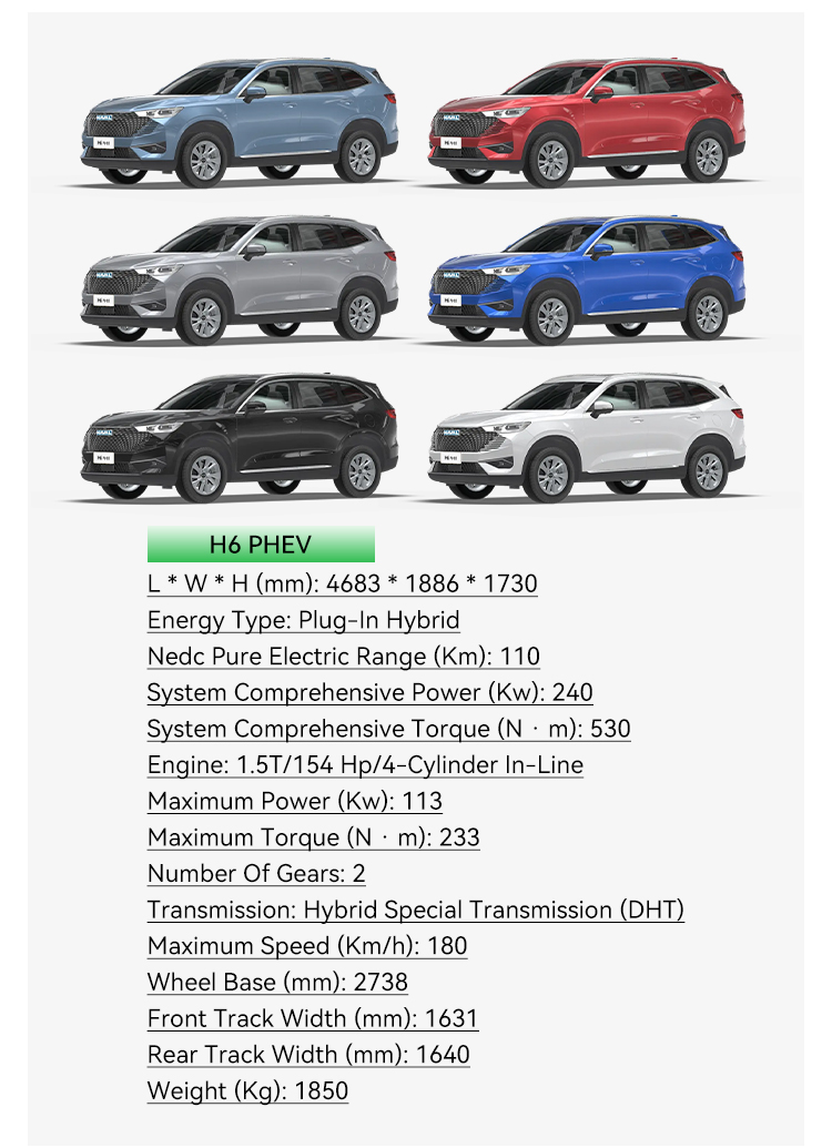 180Km/h Maximum Power 113Kw Plug-In Hybrid 2023 Haval H6 Dht-phev Energy Left Hand Drive Electric Utility Vehicle