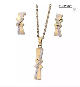 Wholesale Gold Stainless Steel Jewelry Set X Shaped Rhinestone Stud Earrings And Necklace Set from china suppliers