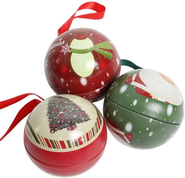 Christmas Tree Baubles Ornaments Tinplate Candy Tin Box Xmas Tree Ball Pendant