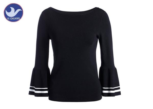 Trumpet Long Stripes Sleeves Womens Knit Pullover Sweater Boat Neck Spring