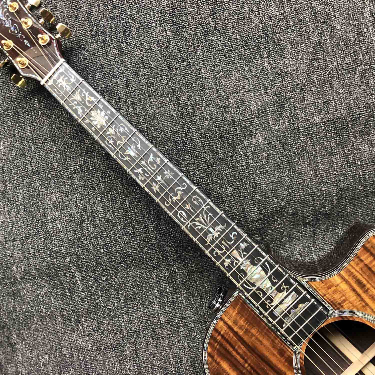 Custom All Solid KOA Wood Acoustic Electric Guitar Real Abalone Binding Ebony Fingerboard Rosewood Back Side Cutaway Arm