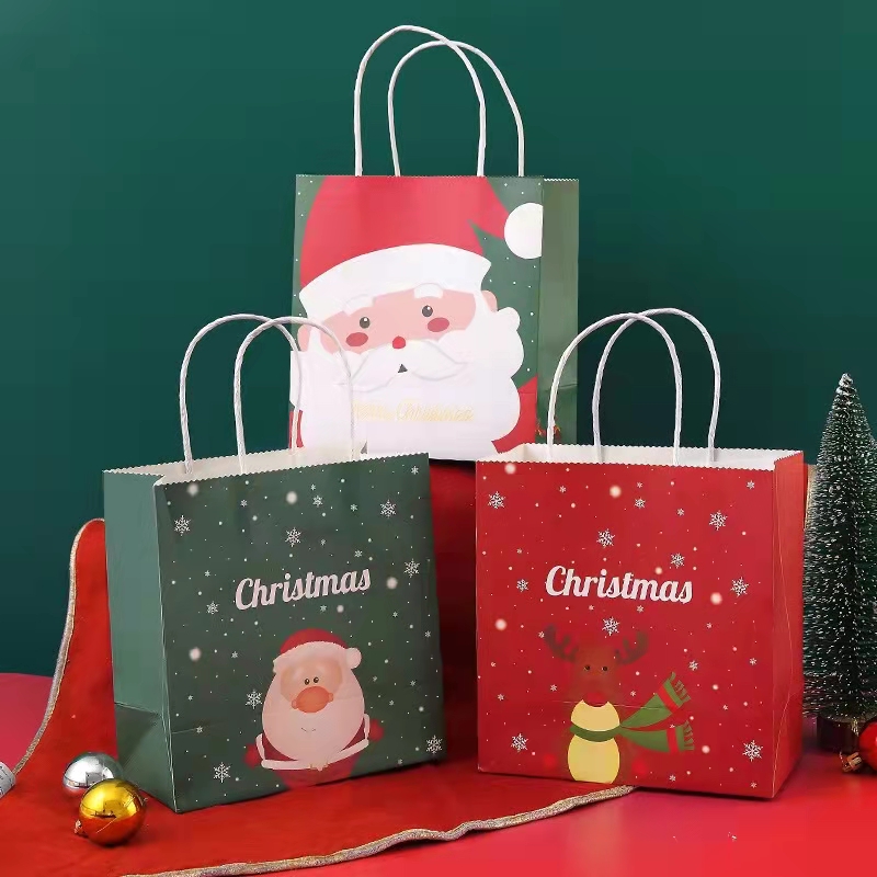 Food Grade Paper Kraft Christmas Gift Bags 230gsm 250gsm Ribbon Handle