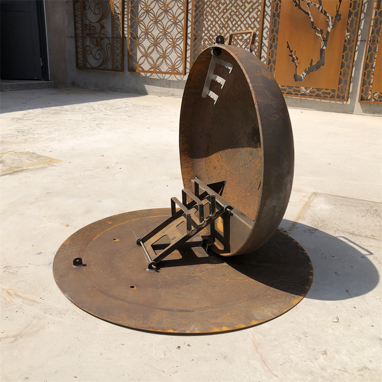 Outdoor Weathered Corten Metal Fire Pit With Grill Table BBQ