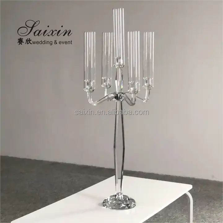 Hot Sale Tall Wedding Decoration 5 Arms Clear Wedding Crystal Centerpiece Candelabra