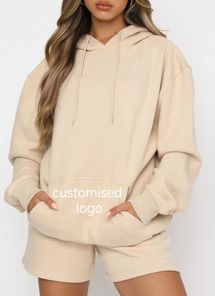 Women Sportswear High Quality Cotton Fleece Custom Women Hoodie with Shorts 2 Piece Set