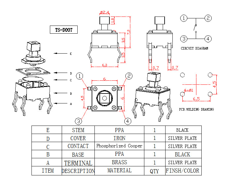 Through Hole Terminal Surface Mount Tactile Switch ALPS Square Button