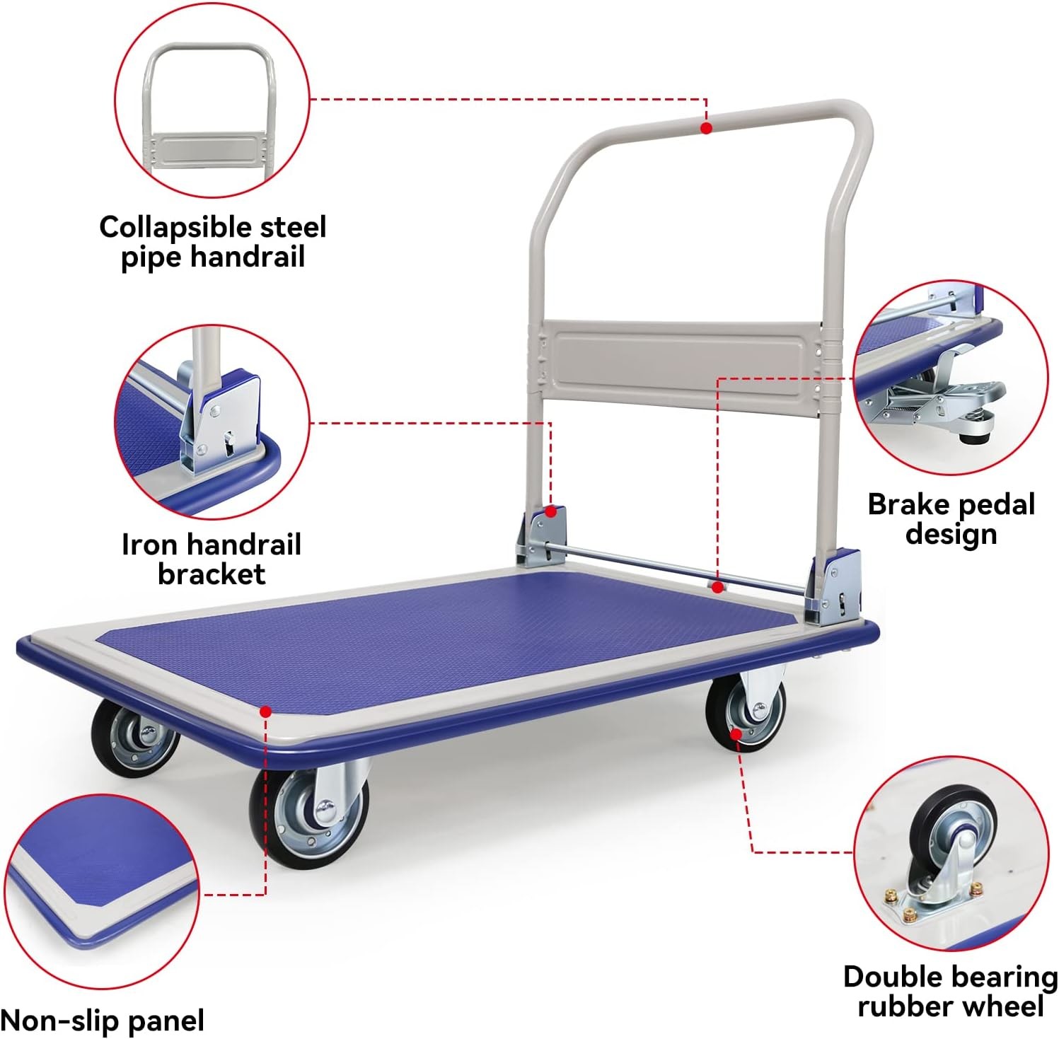 Folding Steel Trolley Platform Handtruck Brake Heavy Industrial Flatbed Truck Logistics Warehouse Handling