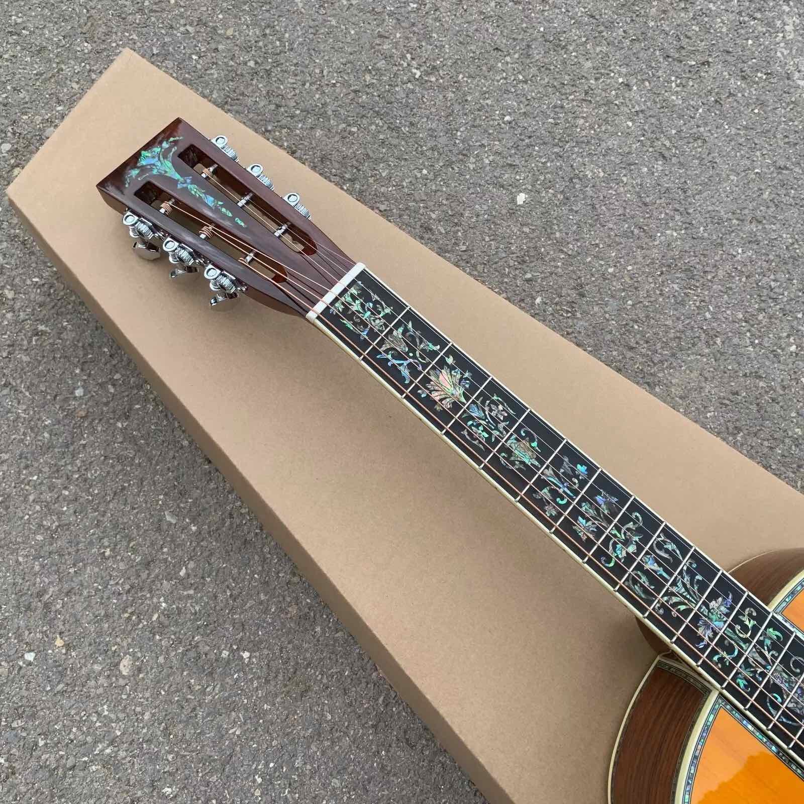Yellow Painting Solid Spruce Top 39 Inch 000 Type Acoustic Guitar Abalone Ebony Open Headstock