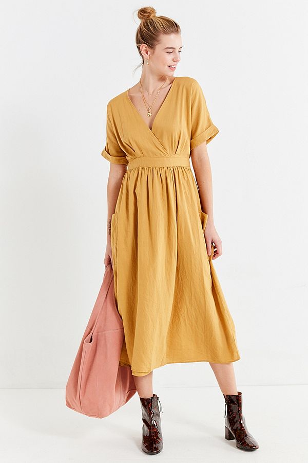 Latest Gold Linen Maxi Long Wrap V-neck Woman Dress with Pockets
