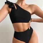 One Shoulder Ruffled Two Piece Bikini Solid Color Split Sexy Swimsuits For Women