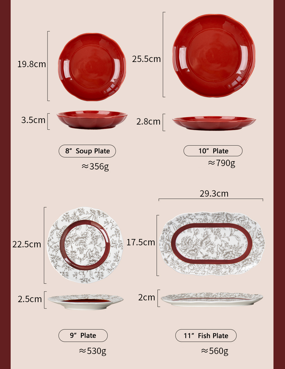 Floral Red Table Mat Included 6-Piece Porcelain Dinnerware Set For Chinese Year
