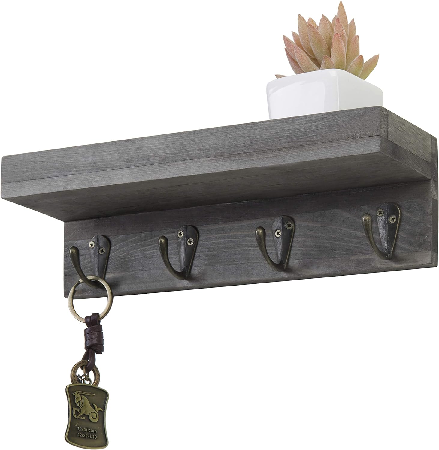 Wall Mounted Vintage Gray Wood Hanging Key and Mail Holder Rack Floating Display Shelf