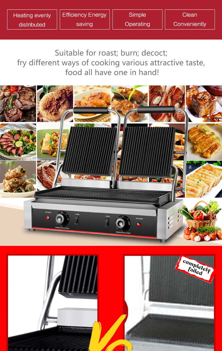 Easy Operation Commercial Double Sandwich Press Machine with Stainless Steel Heads