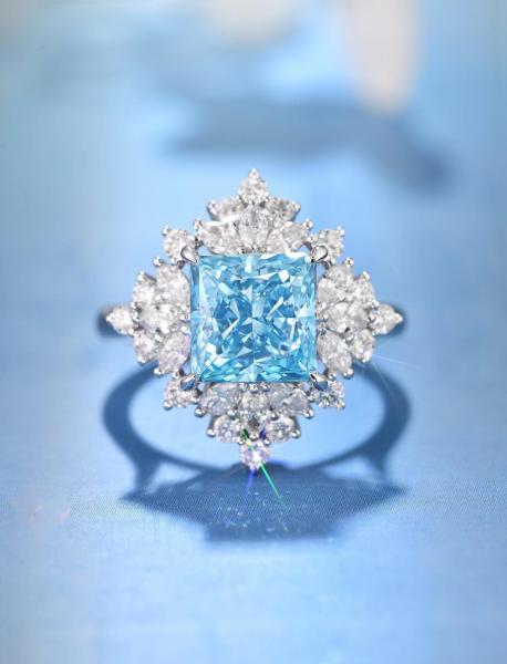 Pricess Cut 3ct VS Synthetic Blue Diamond Rings 18k White Gold Lab Grown