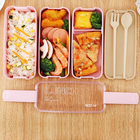 Wheat Straw Rectangle 3 Layer Multi Compartment Lunch Box With Fork And Spoon