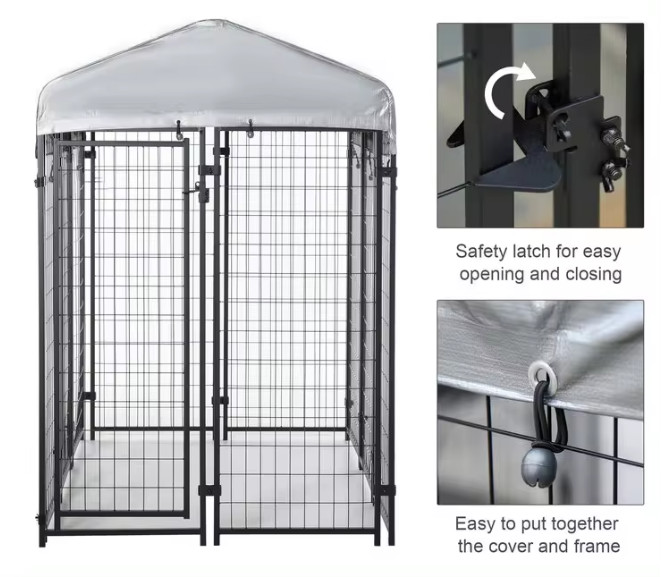 1.5x2M Powder Coated Black Metal Dog Kennel , Welded Wire Fence Dog Kennel