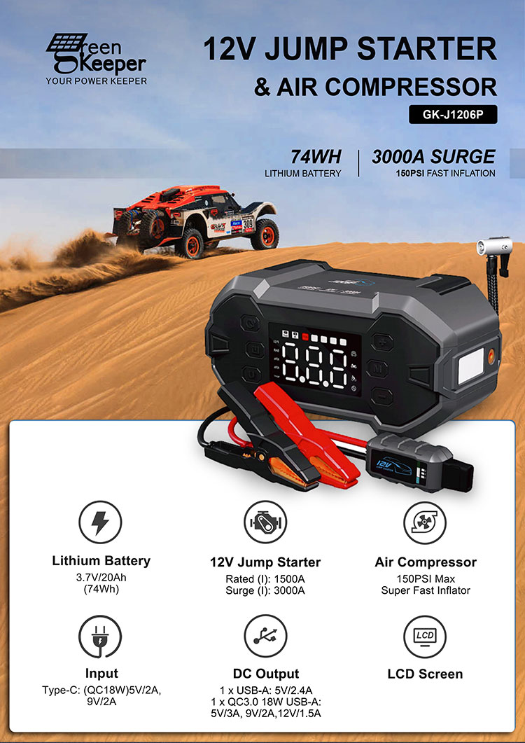 Small Cars Green Keeper 2024 3000A 20000mAh High Power Portable Jump Starter With Led Light
