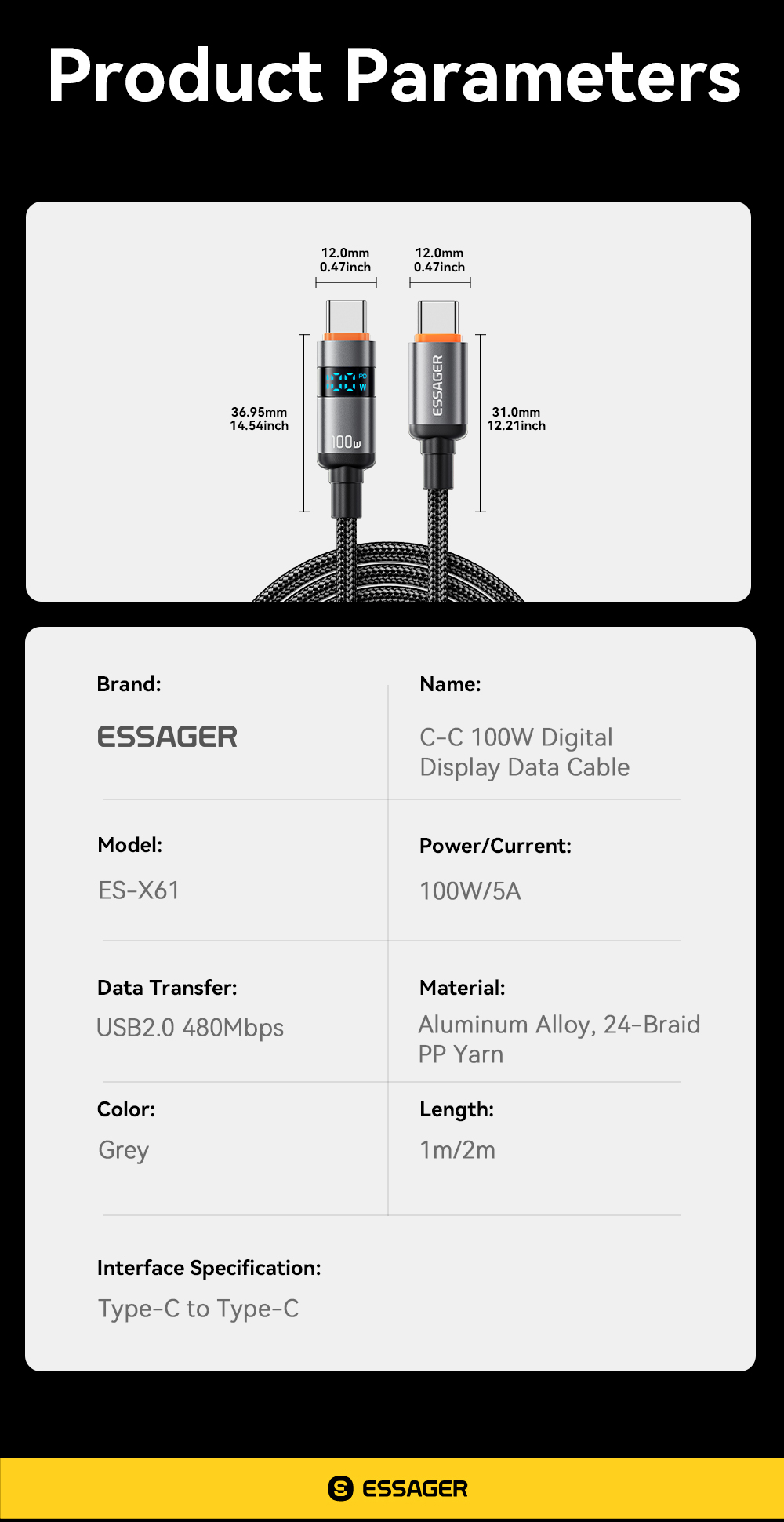 ESSAGER ES-X61 Series C-C 100W Charging Cable USB C Cable