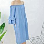 Young Ladies Denim Shirt Dress Off Shoulder Bat Wing Long Sleeve KneeLength