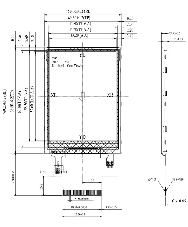 Resistive Touchscreen TFT LCD 2.8 Inch 12 O' Clock 240*320 Pixels RGB&MCU Interface