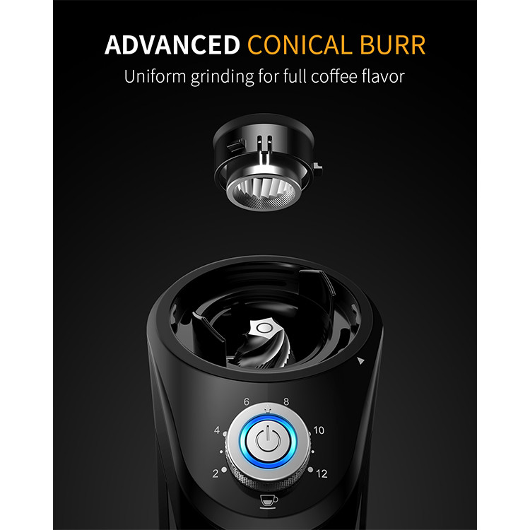100W Portable Automatic Black Coffee Grinder 240g Conical Burr 2-12 Cups 14 Adjustable